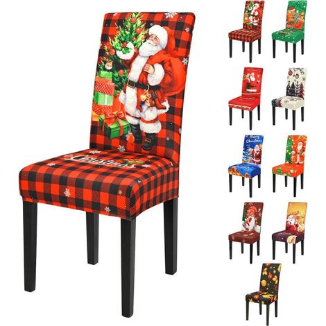 Housses de chaise extensibles Noël lot de 6 motifs Père Noël carreaux (1/5)
