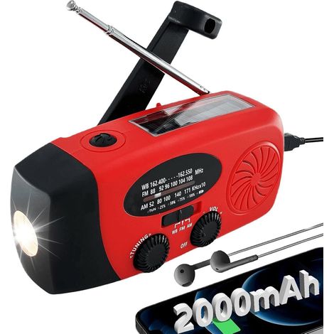 Radio de emergencia con manivela de 2000 mWh, 3 linternas LED, radio solar, radio AM/FM/NOAA, recargable por USB tipo C y batería externa de 2000 mAh para teléfonos inteligentes (rojo). (1/5)