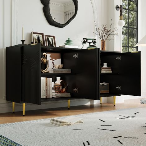 Meuble d'appoint pour salon : quatre portes et quatre tiroirs avec poignées en métal doré brossé et pieds laqués. (1/4)
