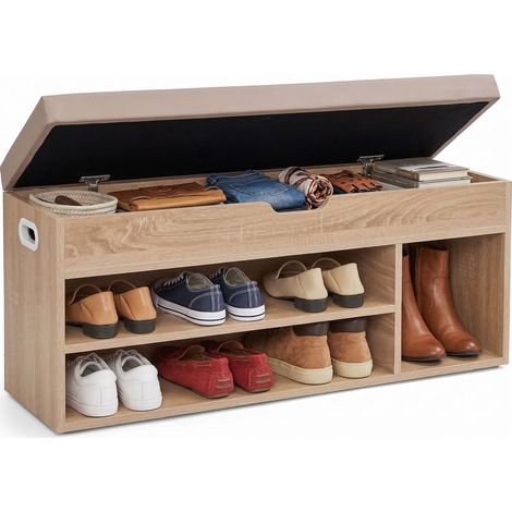 Scarpiera Panca da Ingresso Nordia con Cuscino Imbottito, Contenitore e 4 Scomparti, Mobile Portascarpe Salvaspazio (Rovere) (1/4)