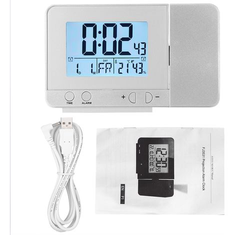 Réveil Projecteur LED Multifonction Argenté Affichage Température Humidité Double Alarme Rotation 180° Charge USB Compact (1/5)