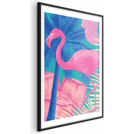 Poster – Rosa Flamingo – Abstrakter Flamingo vor einem Hintergrund aus Palmen und Eiswürfeln (1/4)