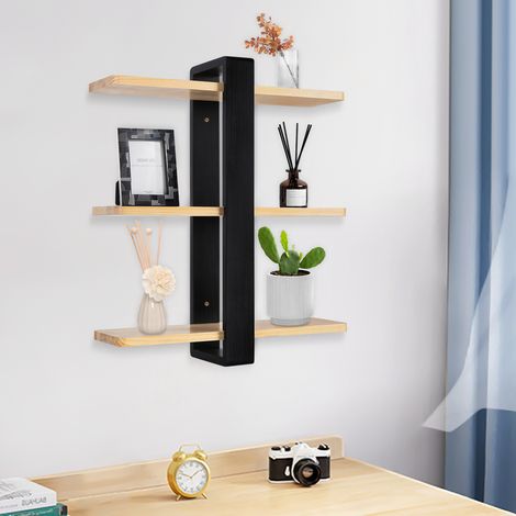 Wandregal aus Holz, verstellbar, 3-stöckig, Schweberegal aus Holz und Metall für Schlafzimmer, Küche, Bad, Wohnzimmer und Büro, Schwarz (50 cm)