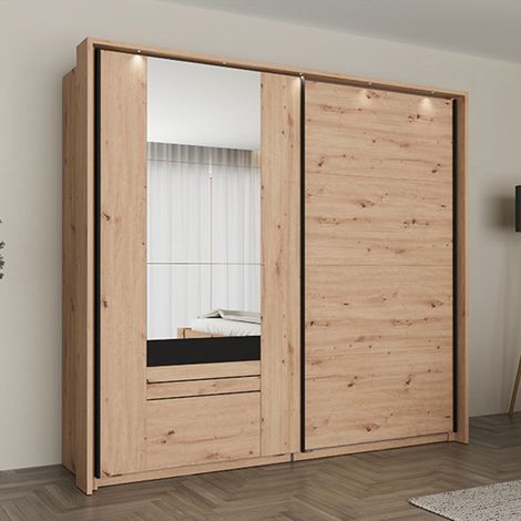 Guardarropa 2 Puertas Lalibe, Armario Dormitorio 2 Estantes, Perchero, Puertas Corredizas, 220x205 cm Roble Nudos Marrón (1/5)