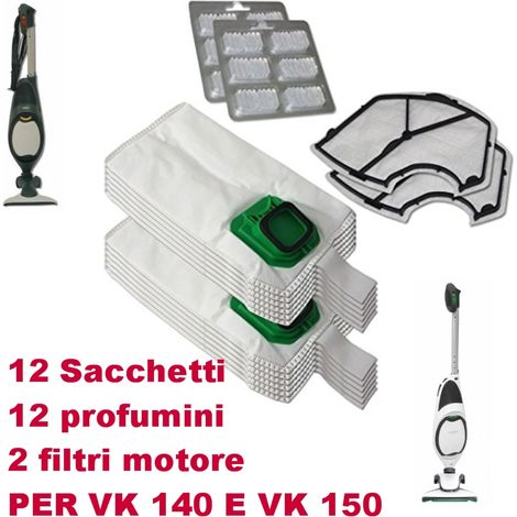 KIT Sacchetti Folletto VK 140 VK 150 12 Sacchetti profumini 2 Griglie filtro VO