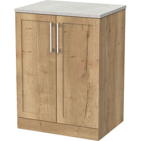 Stonnall Traditional Floor Standing 2 Door Vanity Unit with White Sparkle Laminate Worktop, 600mm, Autumn Oak (1/4)
