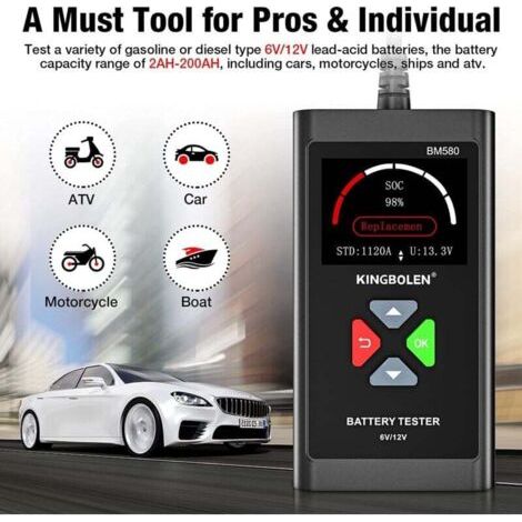 Testeur de batterie automobile BM580 12V, analyseur/testeur CCA 100-2000, adapté aux SUV et VTT, système de détection de tension d'alternateur moto/voiture. (1/3)