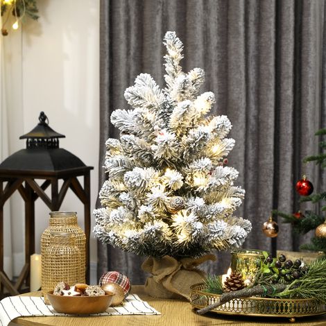 Mini albero di Natale artificiale da 60 cm con 35 luci LED, 72 rami folti con decorazioni a effetto neve e base in tela di iuta verde.