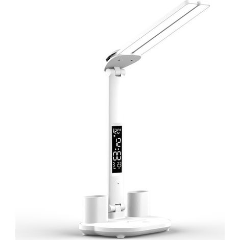 Lampe De Bureau - Horloge Numérique Intégrée - 3 Niveaux De Luminosité - Commande Tactile - Protection Des Yeux - Port USB Et Porte-Stylo - 1 Pièce (1/5)