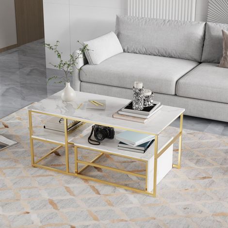 Table basse texture de marbre - Table d'appoint pour salon - 2 Niveaux Rangement - 52x105 cm - Grande table rectangle - MDF - extérieur en marbre et cadre doré (1/5)