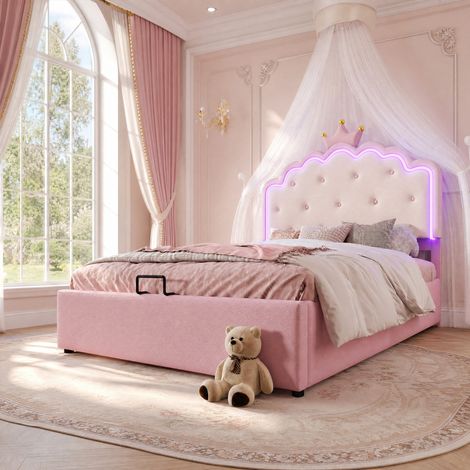 Kinderbett 140x200 cm Rosa aus PU mit Kronendesign, LED-Licht und hydraulischem Stauraum (1/5)