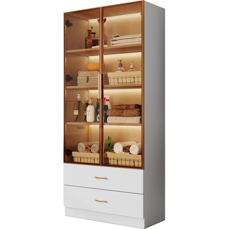 Meuble de salle de bain haut avec bande lumineuse, 2 grandes tiroirs, 2 portes en verre trempé, rangement vertical blanc MDF moderne pour votre intérieur  CHICFURN (1/5)