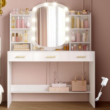 Coiffeuse enfant avec miroir LED réglable – 3 tiroirs et 6 étagères – Design moderne et minimaliste – Dimensions 40x108x145,5 cm (1/5)
