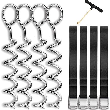 Set of 4 Ground Anchor Pegs, Anchor Kit for Trampoline, Garden, Tent, Swing, Camping - Supplied with 4 Strong Black Straps and Fixing Buckles (1/5)