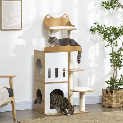 Arbre à chat de 140 cm avec deux niches, un hamac, un coussin et des poteaux en sisal. Gris. (1/5)