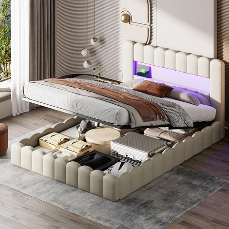 Doppelbett 180x200 cm mit LED-Beleuchtung, Typ-C- und USB-Anschluss, Polsterbett mit Staufach und Lattenrost aus Holz, Bettwäsche (Beige, 180x200 cm)