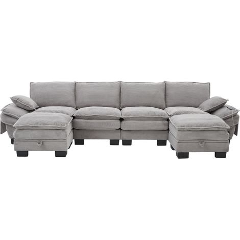 Canapé modulable 4 places en velours côtelé (avec 2 poufs) – large assise, design ergonomique, rembourrage en mousse haute densité, port USB-C et poches latérales. Idéal pour le salon, le bureau ou le (1/5)