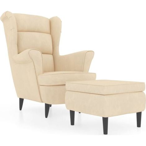 Fauteuil à oreilles avec repose-pieds en velours crème (1/5)