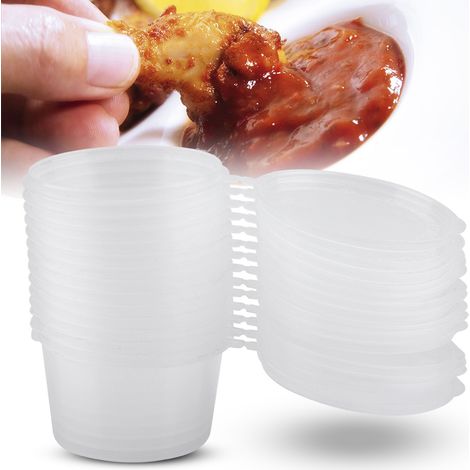 Packung mit 100 durchsichtigen 100-ml-Plastikbechern für Soßen, Gewürze und Würzmittel zum Mitnehmen (1/5)