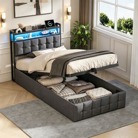 JOOKGBD-Polsterbett 90x200cm mit LED und USB,Einzelbett mit Stauraum-Kopfteil,Jugendbett mit Offene Fächer und Lattenrost,für Erwachsene,Jugendliche,Ohne Matratze,Samt,Grau (1/5)
