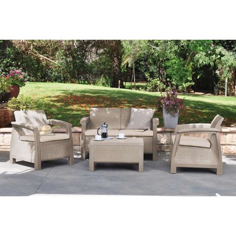 Set da Giardino Divano 2 Poltrone e Tavolino Keter Corfù Cappuccino (1/10)