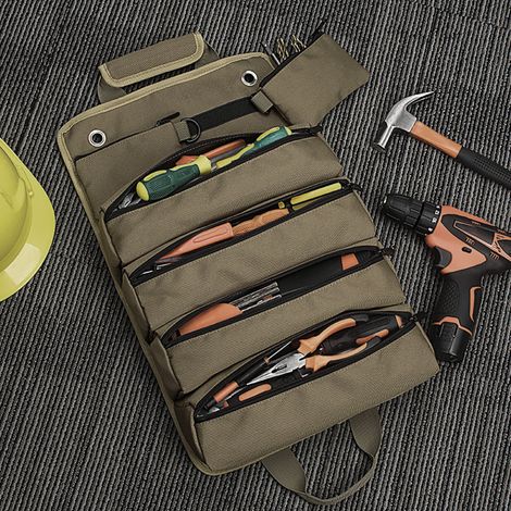 Sacoche à outils portable enroulable en tissu Oxford avec 2 pochettes détachables, verte (1/5)