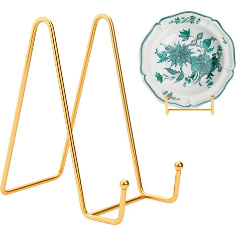 Chevalet de table, 14,5 cm support assiette decorative, chevalet livre, support de présentation en métal, supports de cadre photo pour assiette, porte-photos cadres (jaune doré) (1/5)