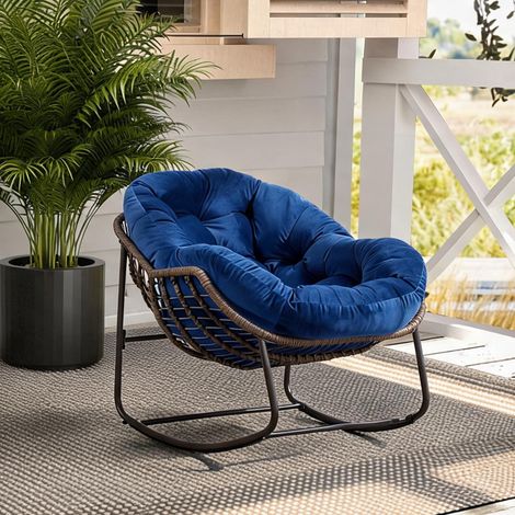 Fauteuil à bascule en rotin bleu marine avec coussin en acier (1/5)