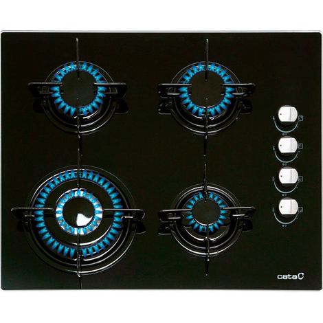 Cata – Placa a gas butano 59cm 4 zonas – Superficie de cristal – Carga conectada 7500W – Control giratorio arriba derecha