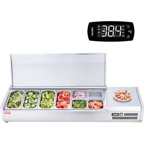 Mophorn Gekühlte Gewürzzubereitungsstation – 155 W, 8 Pfannen, Edelstahl 304, Schutzgitter, CE, Arbeitsplatte