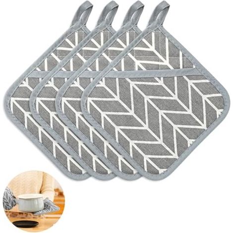 Maniques en coton – Lot de 4 maniques résistantes à la chaleur (17 x 17 cm) – Accessoires de cuisine et de pâtisserie – Compatibles four – Gris
