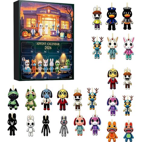 Adventskalender 2026 – 24-teilig – Mehrfarbig – Acryl – 8 cm flache Hängeanhänger – Tierklinik-Motiv – Hängedekoration mit Hasenarzt – Geeignet für Halloween und als Innendekoration (1/5)