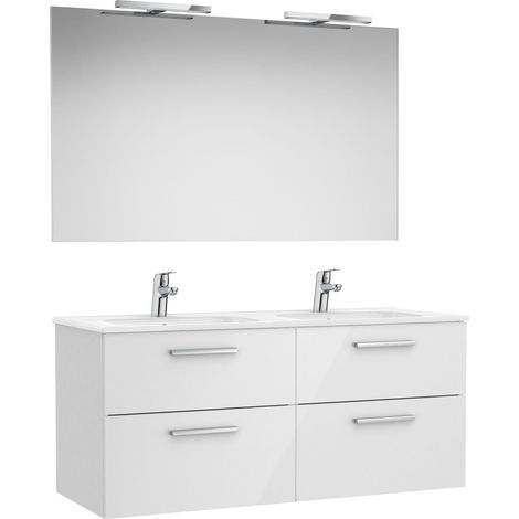 Pack mueble de 4 cajones + lavabo doble + espejo + apliques LED VICTORIA - ROCA Color: Blanco brillo