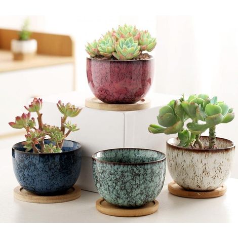 Lot de 4 petits pots de fleurs en céramique avec trou de drainage et soucoupes en bambou pour plantes succulentes d'intérieur 9,5 cm (1/5)