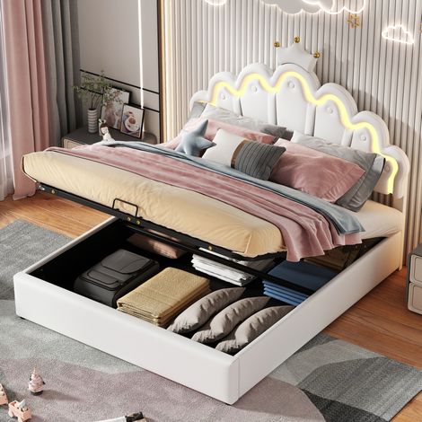 lit adulte coffre rangement LED 140x200 blanc chambre OKMYHOME (1/5)