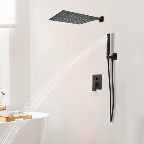 Kit de douche encastré, noir, 40 x 40 cm, système de douche à effet pluie, en acier inoxydable, douche de pluie et douchette en laiton, corps en laiton (1/5)