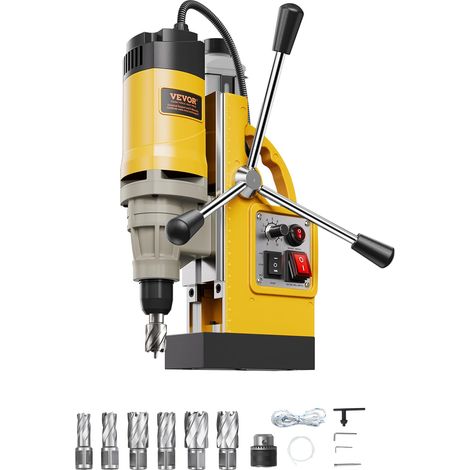 VEVOR Trapano Magnetico, Motore da 1400 W Trapano a Colonna Elettrico Magnetico 12800 N Diametro di Foratura di 50 mm con 6 Punte per Carotaggio, Velocita Variabile, per Superfici Metalliche, Giallo (1/5)