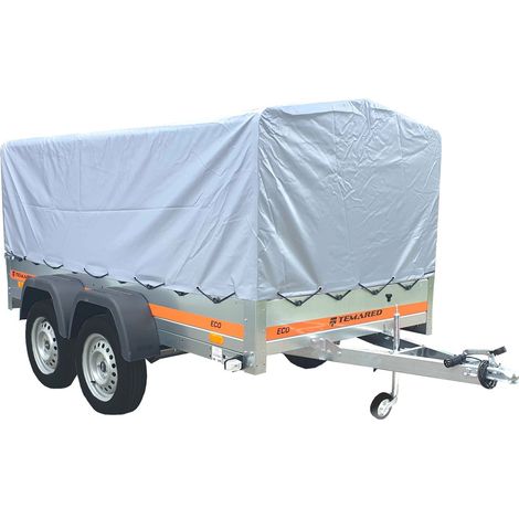 Remorque bâchée double essieu 263x125 cm – PTAC 500 kg – Ridelle arrière ouvrante – Châssis galvanisé – Pour déménagements et chantiers – Tema (1/5)