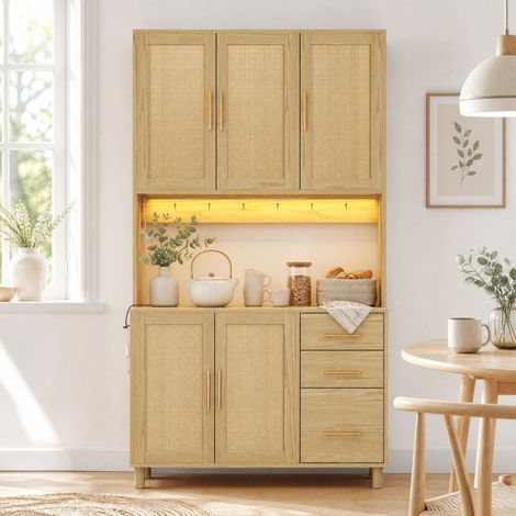 Buffet de cuisine 183 cm avec LED, 2 prises, 2 USB, 3 tiroirs, naturel DESVIAE (1/5)