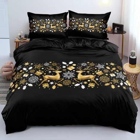 Bettwäsche-Set 200x200cm 3-teilig Mikrofaser Schwarz Weihnachten Rentier 3D-Druck