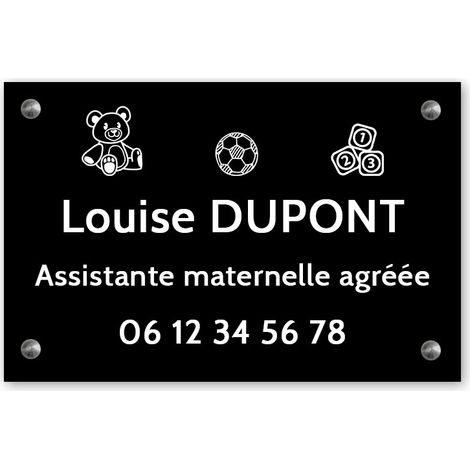 Plaque professionnelle PVC 30x20 – Gravure Personnalisée | Assistante Maternelle - Noire lettres blanches (1/3)