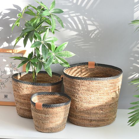 Panier cache-pot haut tressé corde banane, bord noir contrasté, 3 tailles, déco luxe intérieur pour plantes vertes (1/5)