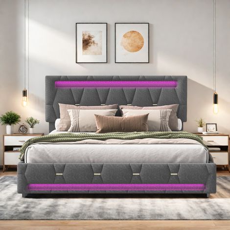 Cama doble tapizada, 140x200cm, Estructura de cama con 4 cajones, Cabecero ajustable, Cama para adultos, Lino, Gris (1/5)