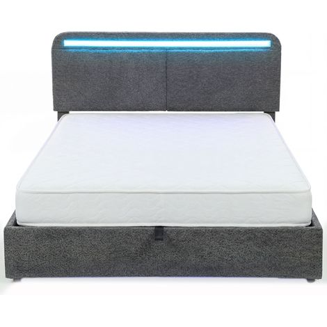 Lit Coffre 140x190 cm Éclairage LED Tête Réglable Cadre Double Sommier Lattes Gris, Rangement Intégré pour Draps, Ambiance Moderne avec LED (1/5)