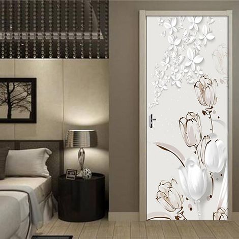 autocollant De Porte Effet 3d Fleur Blanche Abstraite (77x200 Cm), Autocollant Mural Intrieur En Pvc Pour Dcoration Murale Salon Cuisine Chambre S
