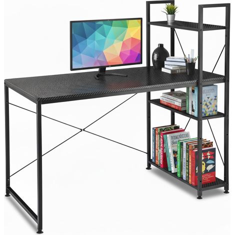 Escritorio tipo loft negro con estantes metálicos, ideal para juegos y uso escolar.
