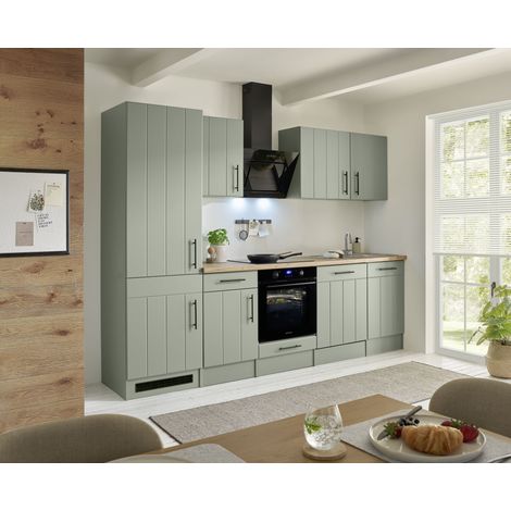 Küche Küchenzeile Landhaus Grün Anton 280 cm Induktion Kühlschrank groß Respekta
