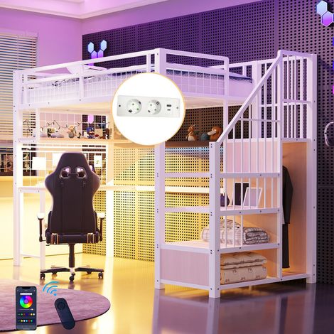 Lit Mezzanine métal 90x200 avec LED et Port USB, Lit Superposé Enfant avec échelle rangement, penderie, bureau et étagères, Lit 1 Places, Blanc