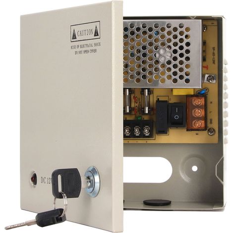 Alimentation pour système de vidéosurveillance 4 canaux 12 V avec fusible 3 A, boîtier métallique verrouillable, 110 V/220 V
