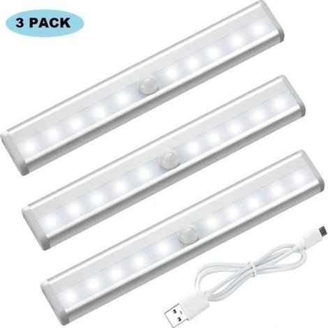 Lot de 3 Lampes LED Rechargeables USB, Aimantées, avec Détecteur de Mouvement, Couleur Blanc (1/4)